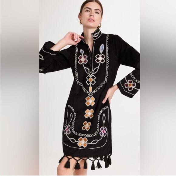 Figue Catalina Dress In Black Corduroy Floral Print Tassels Size XS - Picture 5 of 15